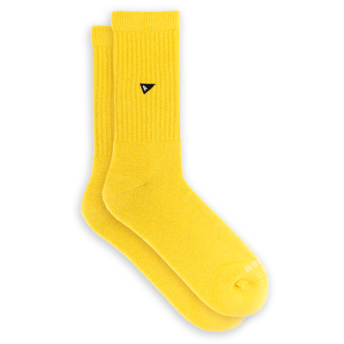 Arvin Goods crew sock in Sun yellow seasonal color. Made in Portugal with recycled yarns. Unisex fit.